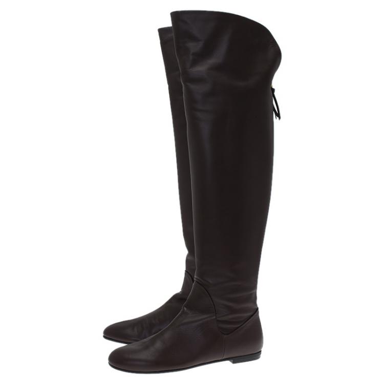 Pre Owned Giuseppe Zanotti Brown Leather Flat Over the Knee Boots Size 41