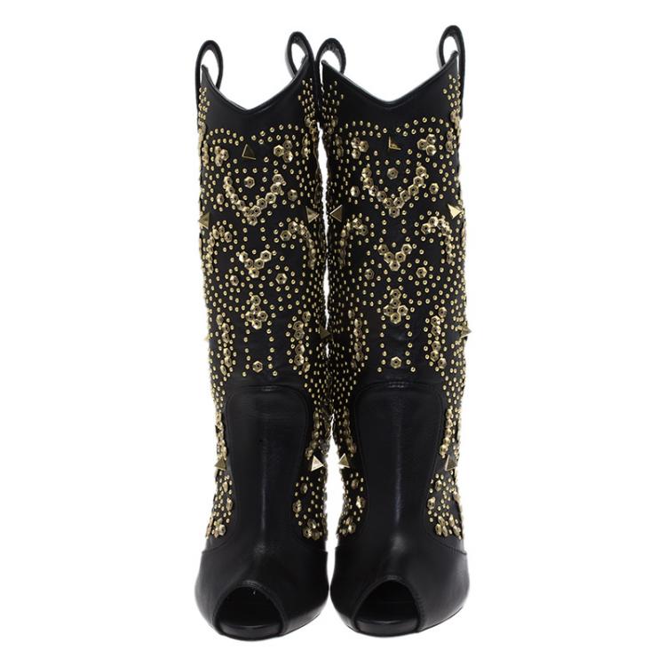 Pre Owned Giuseppe Zanotti Black Studded Leather Coline Peep Toe Mid Calf Boots Size 39