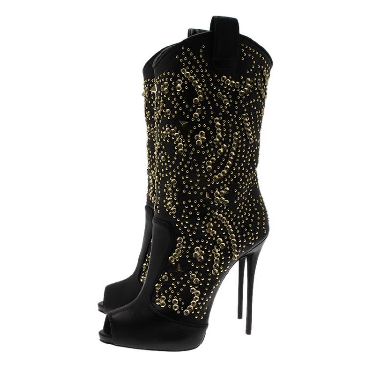 Pre Owned Giuseppe Zanotti Black Studded Leather Coline Peep Toe Mid Calf Boots Size 39