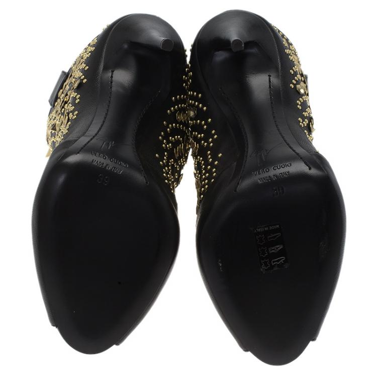 Pre Owned Giuseppe Zanotti Black Studded Leather Coline Peep Toe Mid Calf Boots Size 39