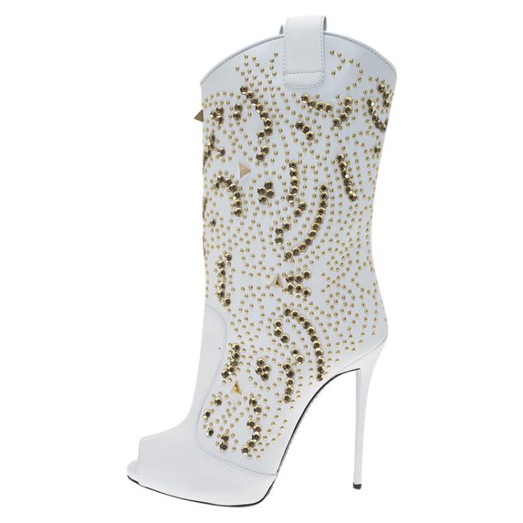 Pre Owned Giuseppe Zanotti White Studded Leather Coline Peep Toe Mid Calf Boots Size 38.5