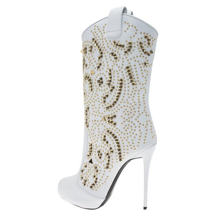 Pre Owned Giuseppe Zanotti White Studded Leather Coline Peep Toe Mid Calf Boots Size 38.5
