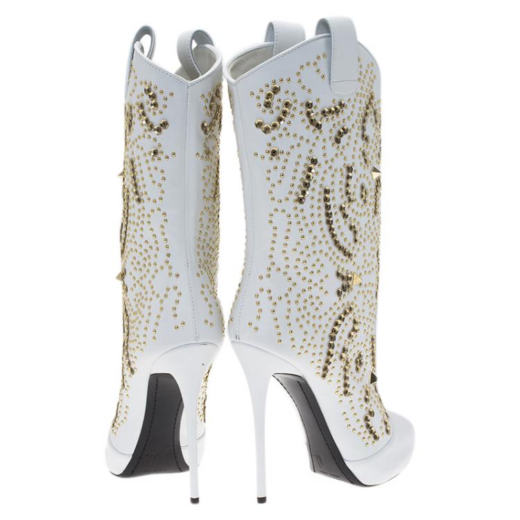Pre Owned Giuseppe Zanotti White Studded Leather Coline Peep Toe Mid Calf Boots Size 38.5
