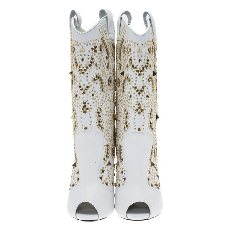 Pre Owned Giuseppe Zanotti White Studded Leather Coline Peep Toe Mid Calf Boots Size 38.5