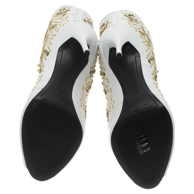 Pre Owned Giuseppe Zanotti White Studded Leather Coline Peep Toe Mid Calf Boots Size 38.5