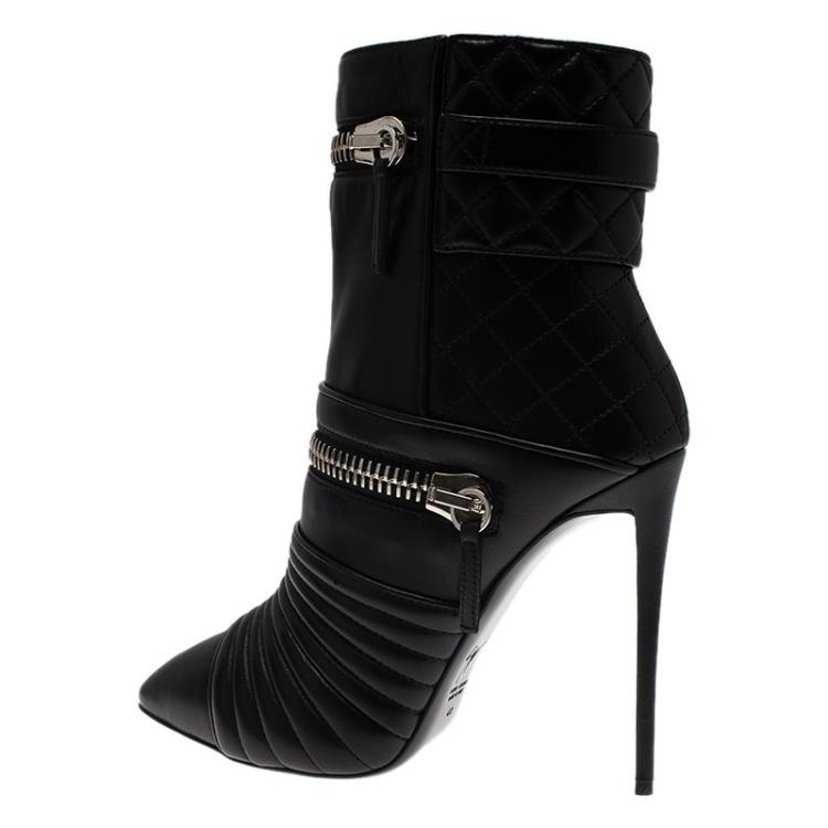 Pre Owned Giuseppe Zanotti Black Quilted Leather Olinda Zipper Detail Ankle Boots Size 40