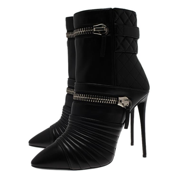 Pre Owned Giuseppe Zanotti Black Quilted Leather Olinda Zipper Detail Ankle Boots Size 40