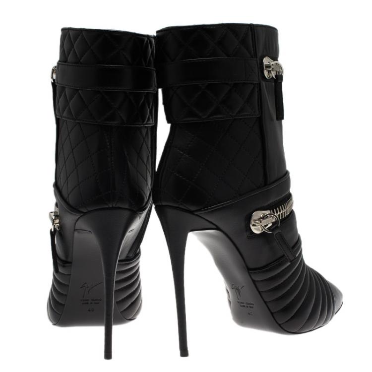 Pre Owned Giuseppe Zanotti Black Quilted Leather Olinda Zipper Detail Ankle Boots Size 40