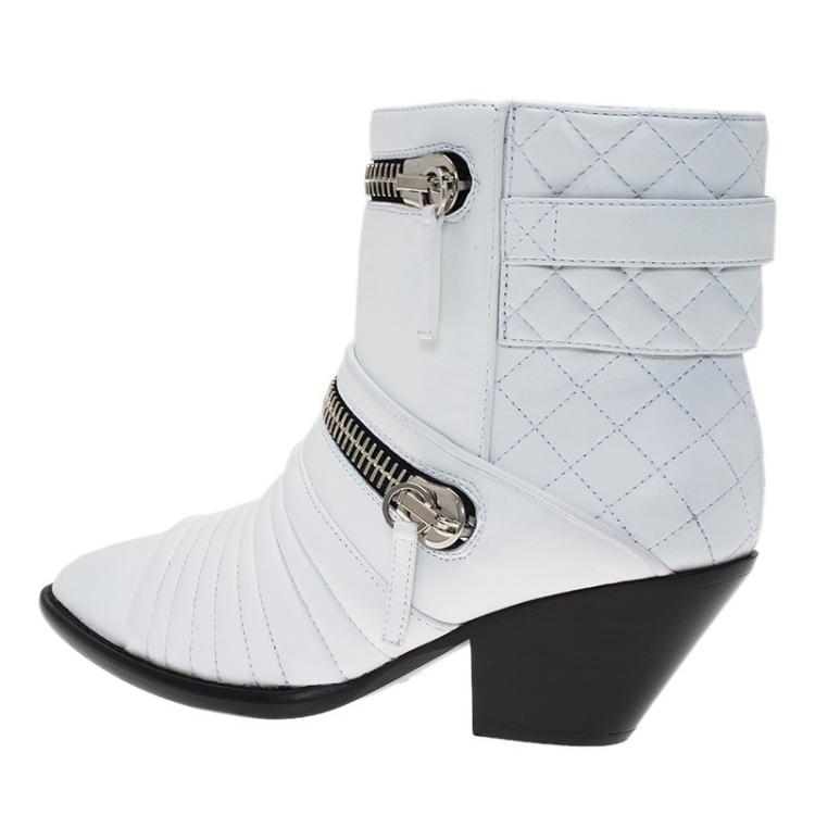 Pre Owned Giuseppe Zanotti White Quilted Leather Ankle Boots Size 38.5