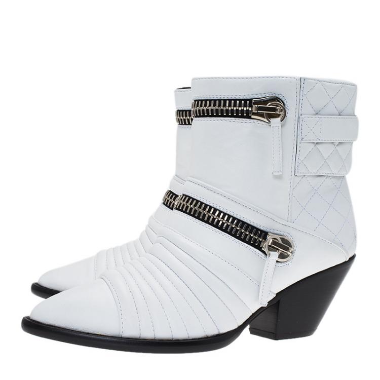 Pre Owned Giuseppe Zanotti White Quilted Leather Ankle Boots Size 38.5