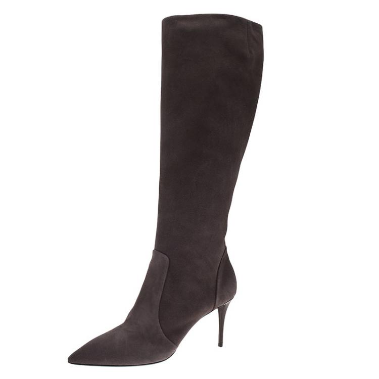 Pre Owned Giuseppe Zanotti Grey Suede Pointed Toe Knee Length Boots Size 39
