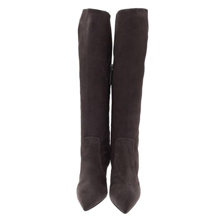Pre Owned Giuseppe Zanotti Grey Suede Pointed Toe Knee Length Boots Size 39
