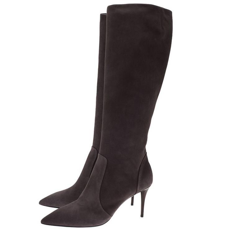 Pre Owned Giuseppe Zanotti Grey Suede Pointed Toe Knee Length Boots Size 39