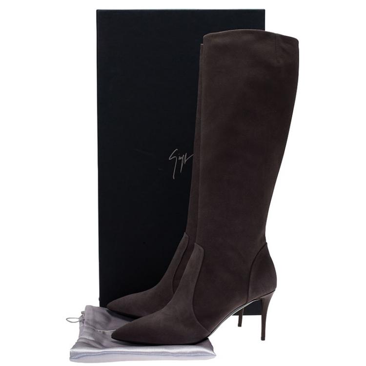 Pre Owned Giuseppe Zanotti Grey Suede Pointed Toe Knee Length Boots Size 39