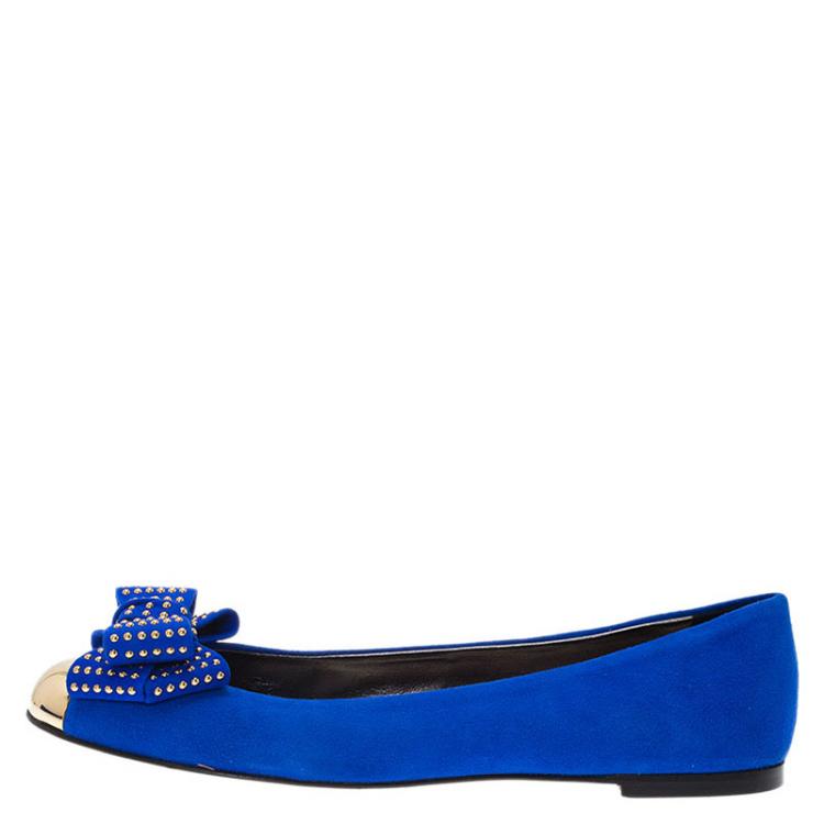 Pre Owned Giuseppe Zanotti Blue Suede and Gold Cap Toe Studded Bow Ballet Flats Size 38.5