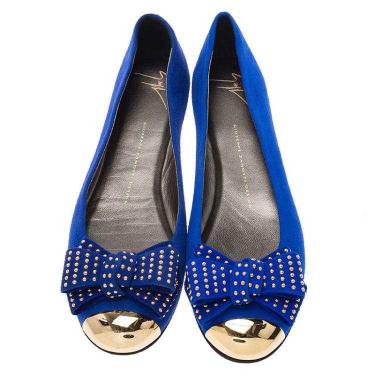 Pre Owned Giuseppe Zanotti Blue Suede and Gold Cap Toe Studded Bow Ballet Flats Size 38.5