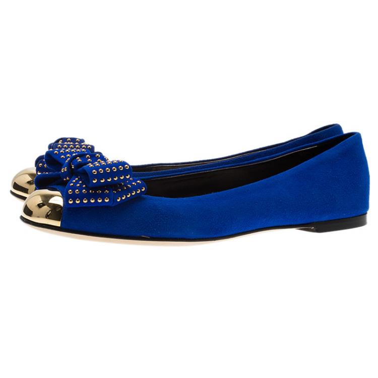 Pre Owned Giuseppe Zanotti Blue Suede and Gold Cap Toe Studded Bow Ballet Flats Size 38.5