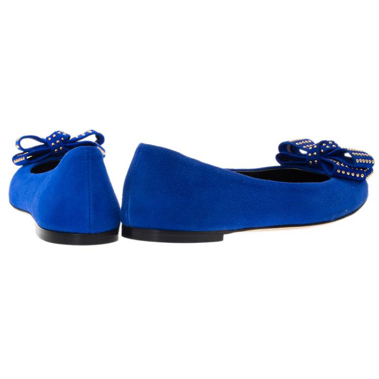 Pre Owned Giuseppe Zanotti Blue Suede and Gold Cap Toe Studded Bow Ballet Flats Size 38.5