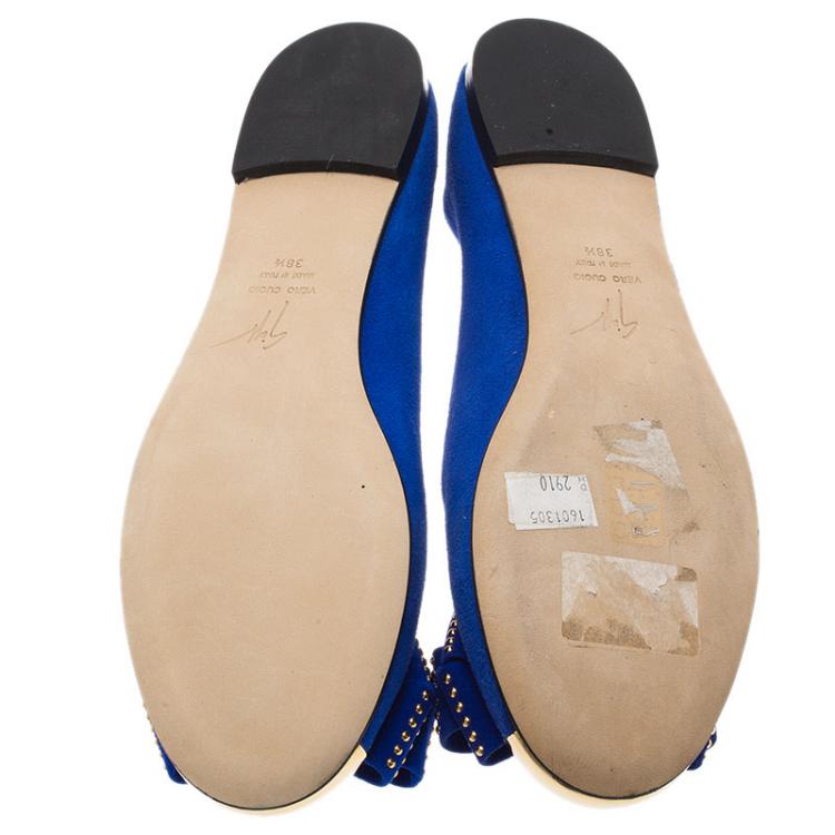 Pre Owned Giuseppe Zanotti Blue Suede and Gold Cap Toe Studded Bow Ballet Flats Size 38.5