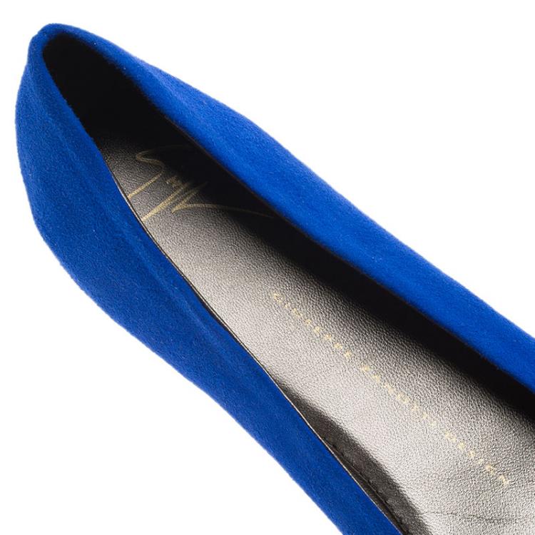 Pre Owned Giuseppe Zanotti Blue Suede and Gold Cap Toe Studded Bow Ballet Flats Size 38.5