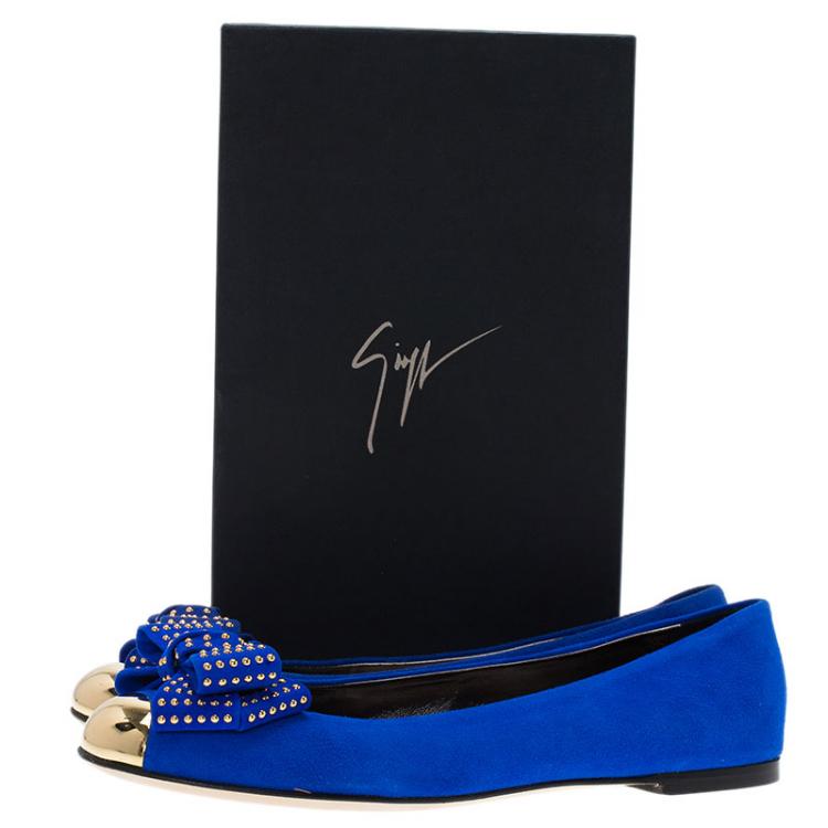 Pre Owned Giuseppe Zanotti Blue Suede and Gold Cap Toe Studded Bow Ballet Flats Size 38.5
