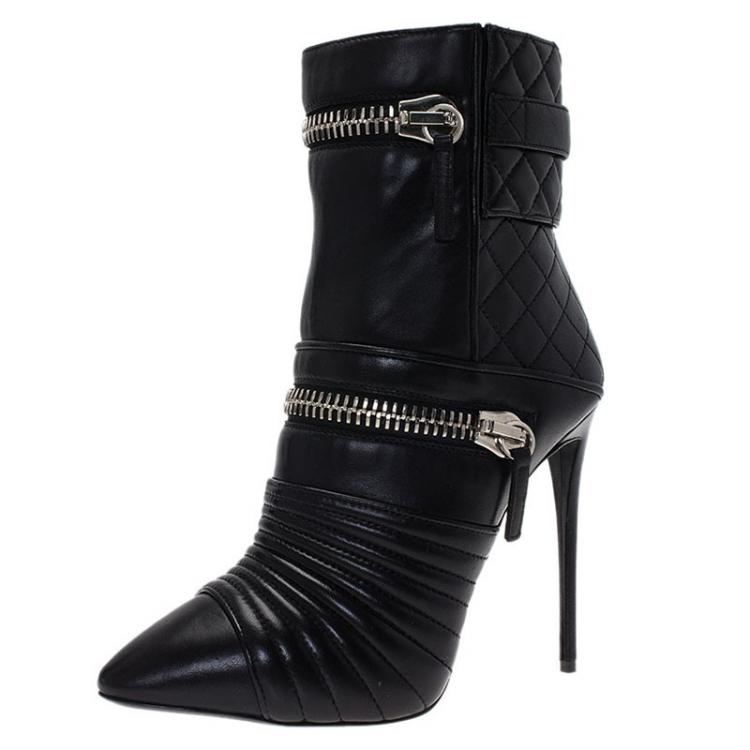 Zanotti Black Quilted Leather Olinda Zipper Detail Ankle Size 39 Zanotti TLC
