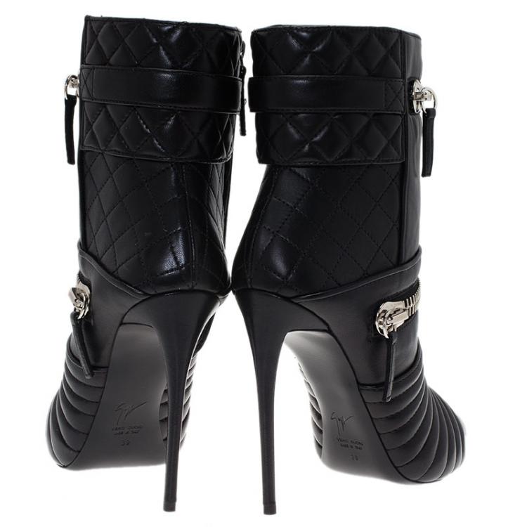 Pre Owned Giuseppe Zanotti Black Quilted Leather Olinda Zipper Detail Ankle Boots Size 39