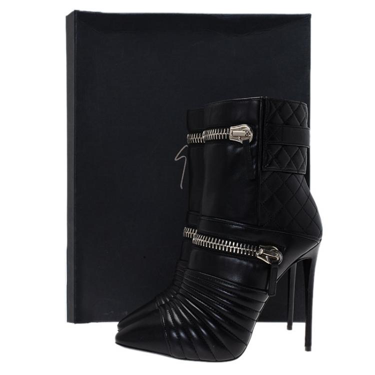 Pre Owned Giuseppe Zanotti Black Quilted Leather Olinda Zipper Detail Ankle Boots Size 39