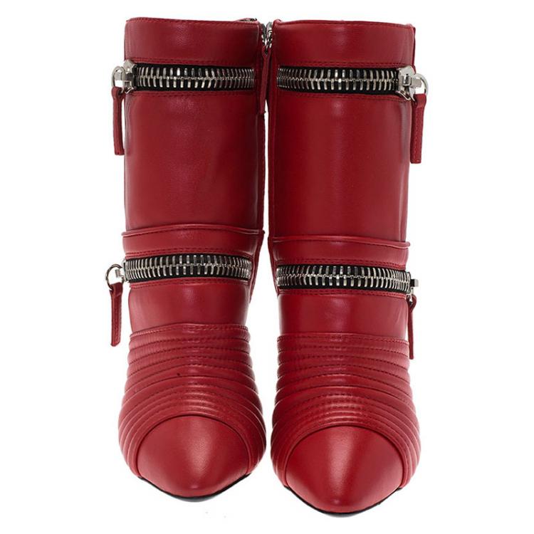 Pre Owned Giuseppe Zanotti Red Quilted Leather Olinda Zipper Detail Ankle Boots Size 36