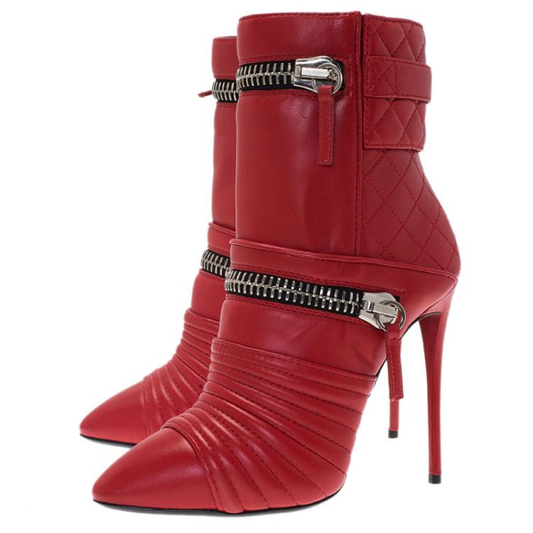 Pre Owned Giuseppe Zanotti Red Quilted Leather Olinda Zipper Detail Ankle Boots Size 36