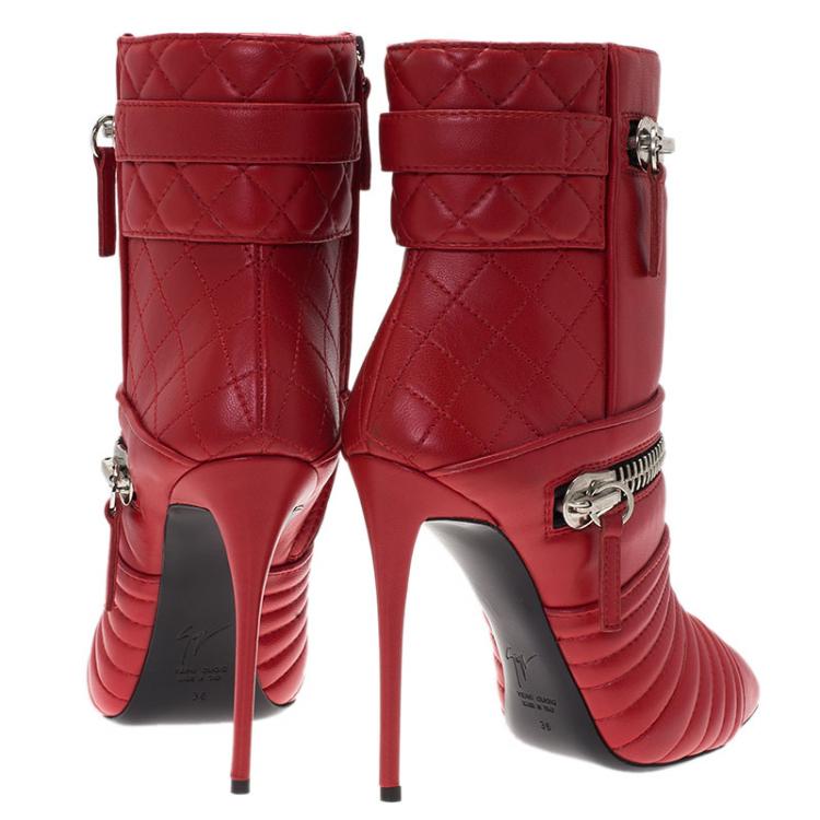 Pre Owned Giuseppe Zanotti Red Quilted Leather Olinda Zipper Detail Ankle Boots Size 36