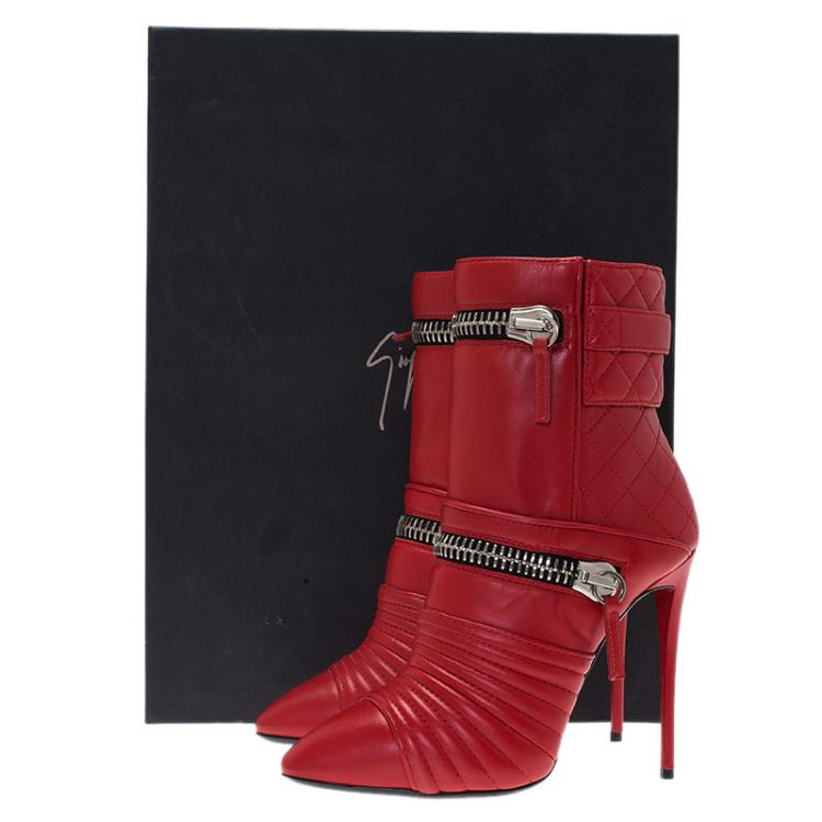 Pre Owned Giuseppe Zanotti Red Quilted Leather Olinda Zipper Detail Ankle Boots Size 36