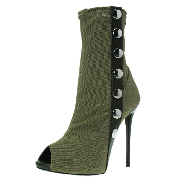 مملوكة مسبقًا Giuseppe Zanotti Khaki Mesh and Leather Studded Peep Toe Ankle Boots Size 36