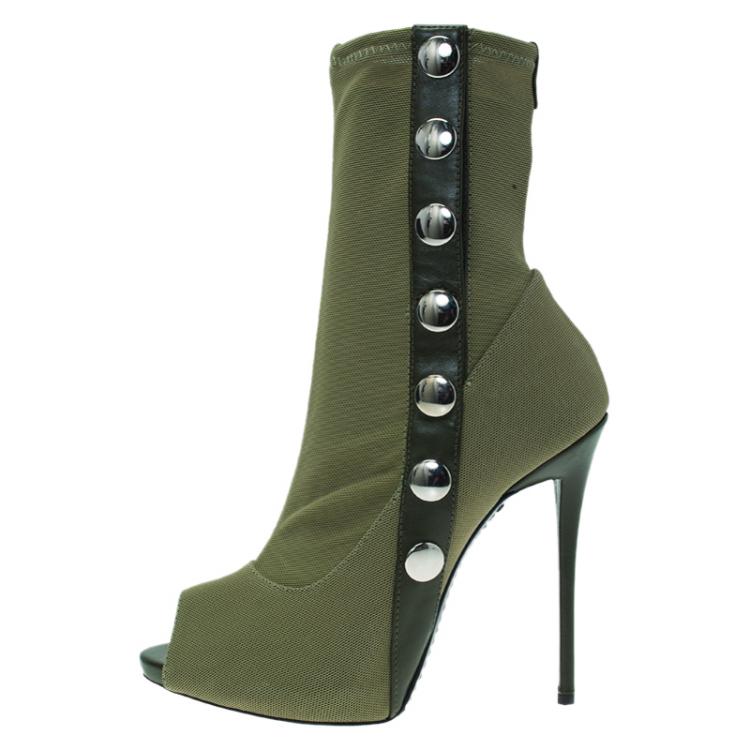 مملوكة مسبقًا Giuseppe Zanotti Khaki Mesh and Leather Studded Peep Toe Ankle Boots Size 36