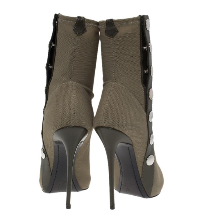 مملوكة مسبقًا Giuseppe Zanotti Khaki Mesh and Leather Studded Peep Toe Ankle Boots Size 36