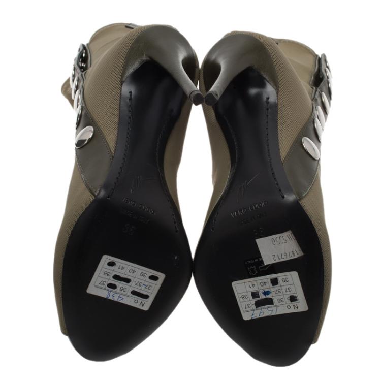 مملوكة مسبقًا Giuseppe Zanotti Khaki Mesh and Leather Studded Peep Toe Ankle Boots Size 36