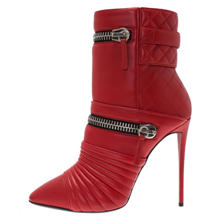 Pre Owned Giuseppe Zanotti Red Quilted Leather Double Zip Accent Boots Size 40