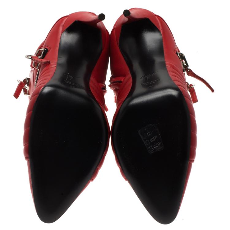 Pre Owned Giuseppe Zanotti Red Quilted Leather Double Zip Accent Boots Size 40