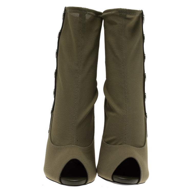 Pre Owned Giuseppe Zanotti Khaki Studded Canvas and Leather Peep Toe Ankle Boots Size 41