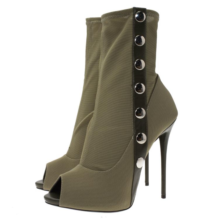 Pre Owned Giuseppe Zanotti Khaki Studded Canvas and Leather Peep Toe Ankle Boots Size 41