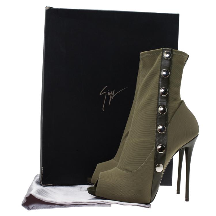 Pre Owned Giuseppe Zanotti Khaki Studded Canvas and Leather Peep Toe Ankle Boots Size 41