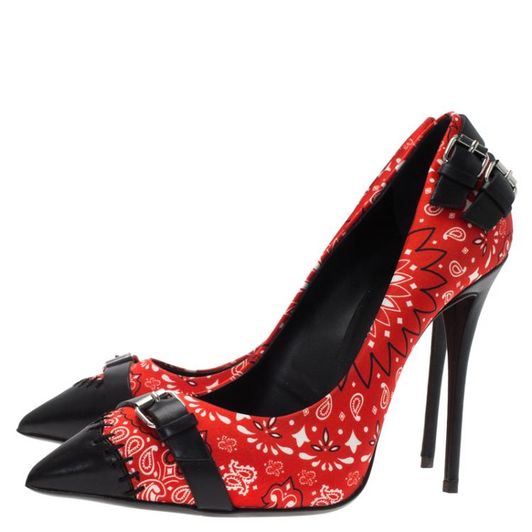 Pre Owned Giuseppe Zanotti Red Floral Satin and Leather Pumps Size 37.5