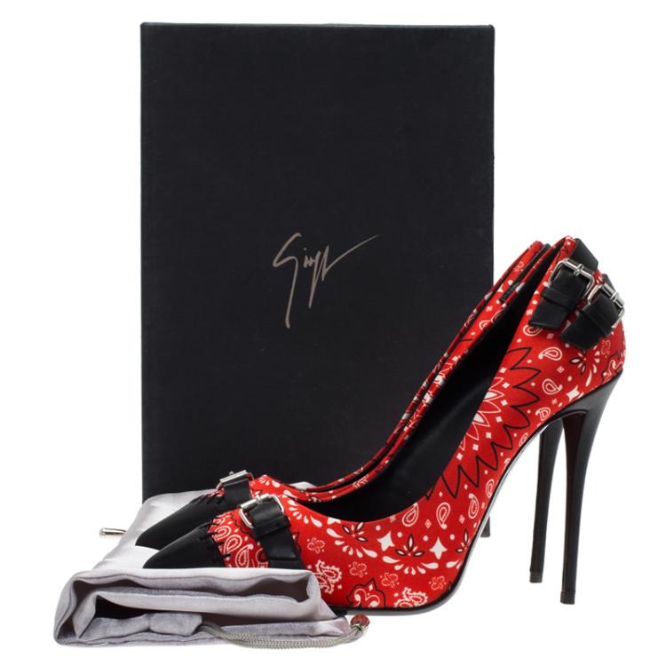 Pre Owned Giuseppe Zanotti Red Floral Satin and Leather Pumps Size 37.5