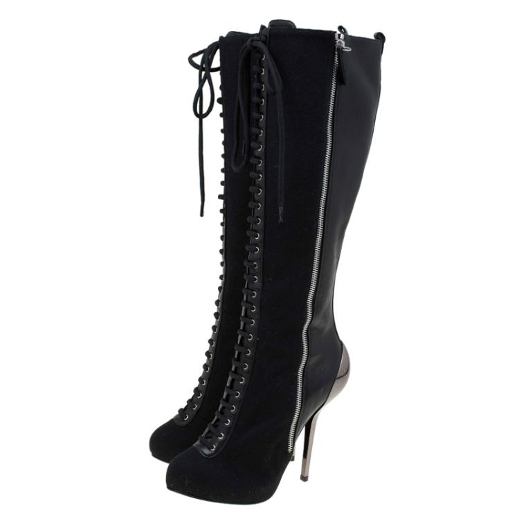 Pre Owned Giuseppe Zanotti Black Leather Lace Up Metal Heel Knee Boots Size 36