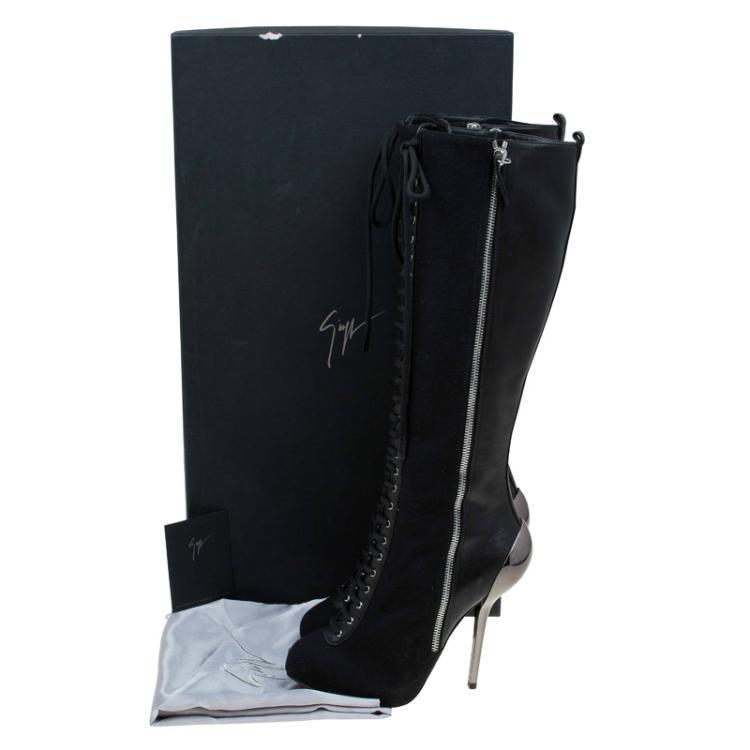 Pre Owned Giuseppe Zanotti Black Leather Lace Up Metal Heel Knee Boots Size 36
