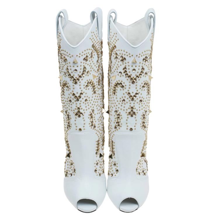 Pre Owned Giuseppe Zanotti White Studded Leather Coline Peep Toe Mid Calf Boots Size 38
