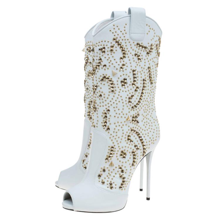 Pre Owned Giuseppe Zanotti White Studded Leather Coline Peep Toe Mid Calf Boots Size 38