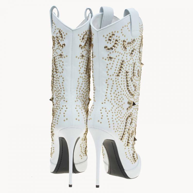 Pre Owned Giuseppe Zanotti White Studded Leather Coline Peep Toe Mid Calf Boots Size 38