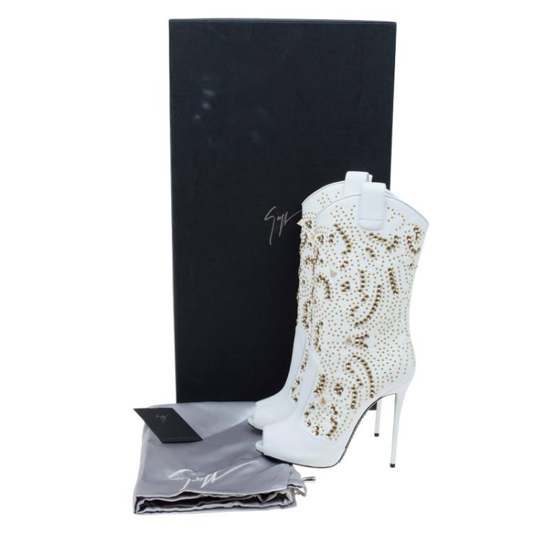 Pre Owned Giuseppe Zanotti White Studded Leather Coline Peep Toe Mid Calf Boots Size 38
