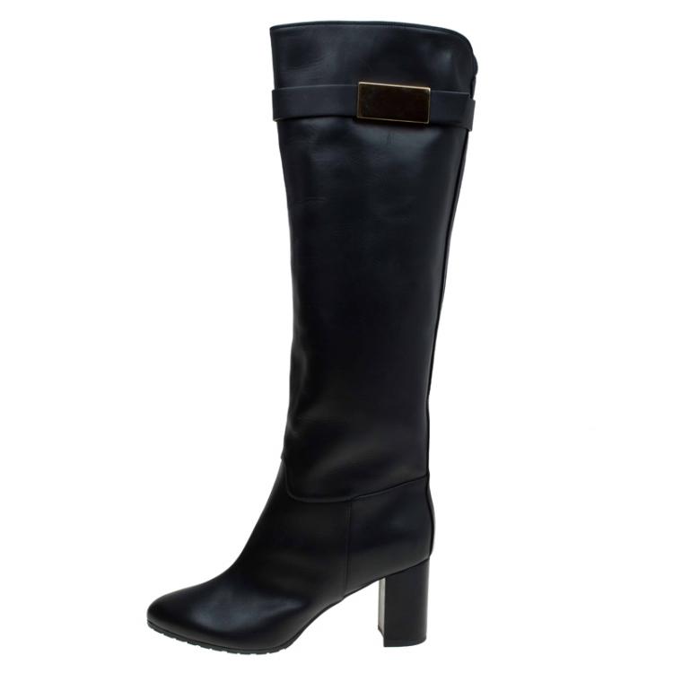 Pre Owned Giuseppe Zanotti Black Leather Metal Plaque Block Heel Knee Boots Size 41